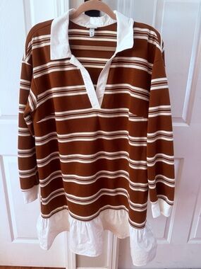 a new day Brown and White Striped Rugby-Style Tunic with Ruffle Hem